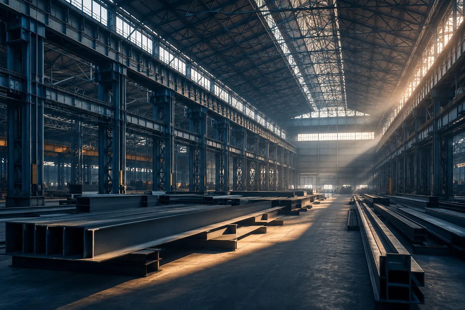 Conceptual steel fabrication hall lit by natural daylight