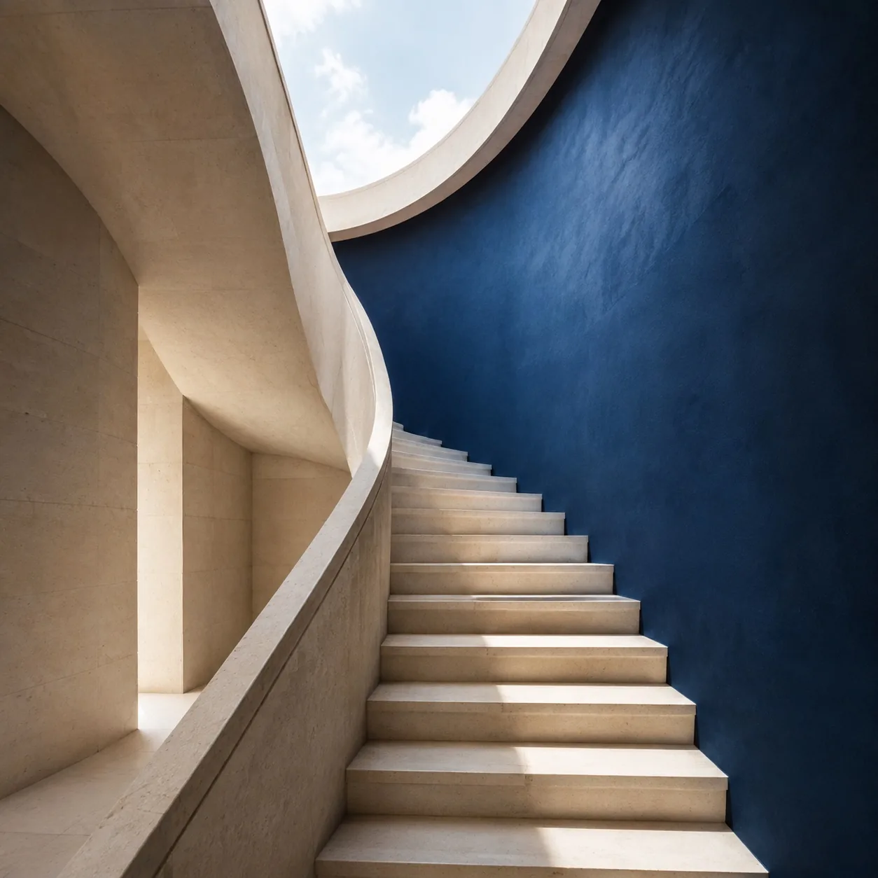 Conceptual limestone stairway rising through a cobalt architectural lightwell